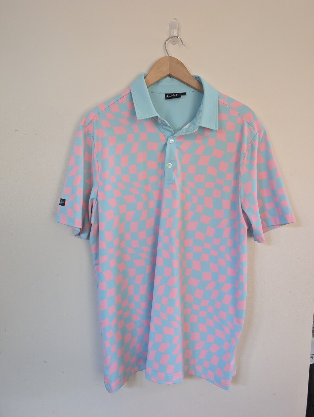 Sunday Swagger Men's Pastel Blue & Pink Check Polo Shirt L Large Short Sleeve